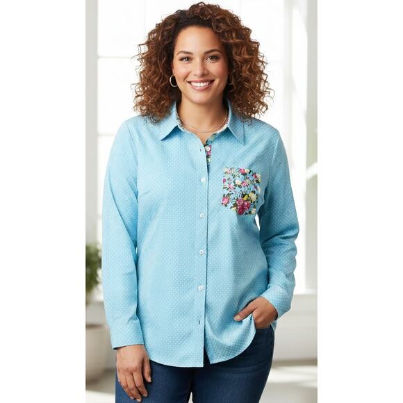 Susan Graver Women 14 Teal White Polka Dot Floral Spring Button Front Shirt - Picture 1 of 6